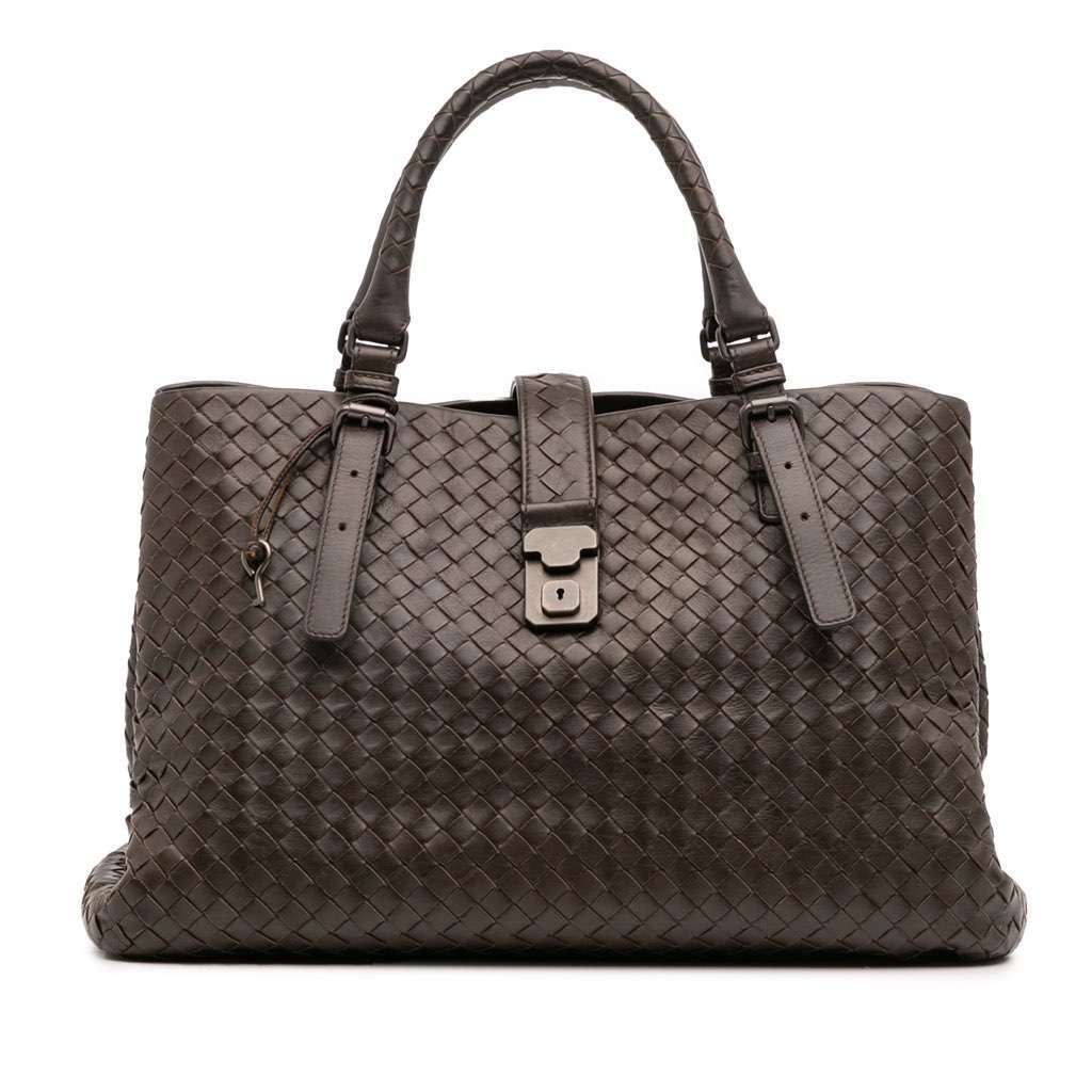Bottega Veneta Medium Nappa Intrecciato Roma Tote Brown Leather Good - Front View