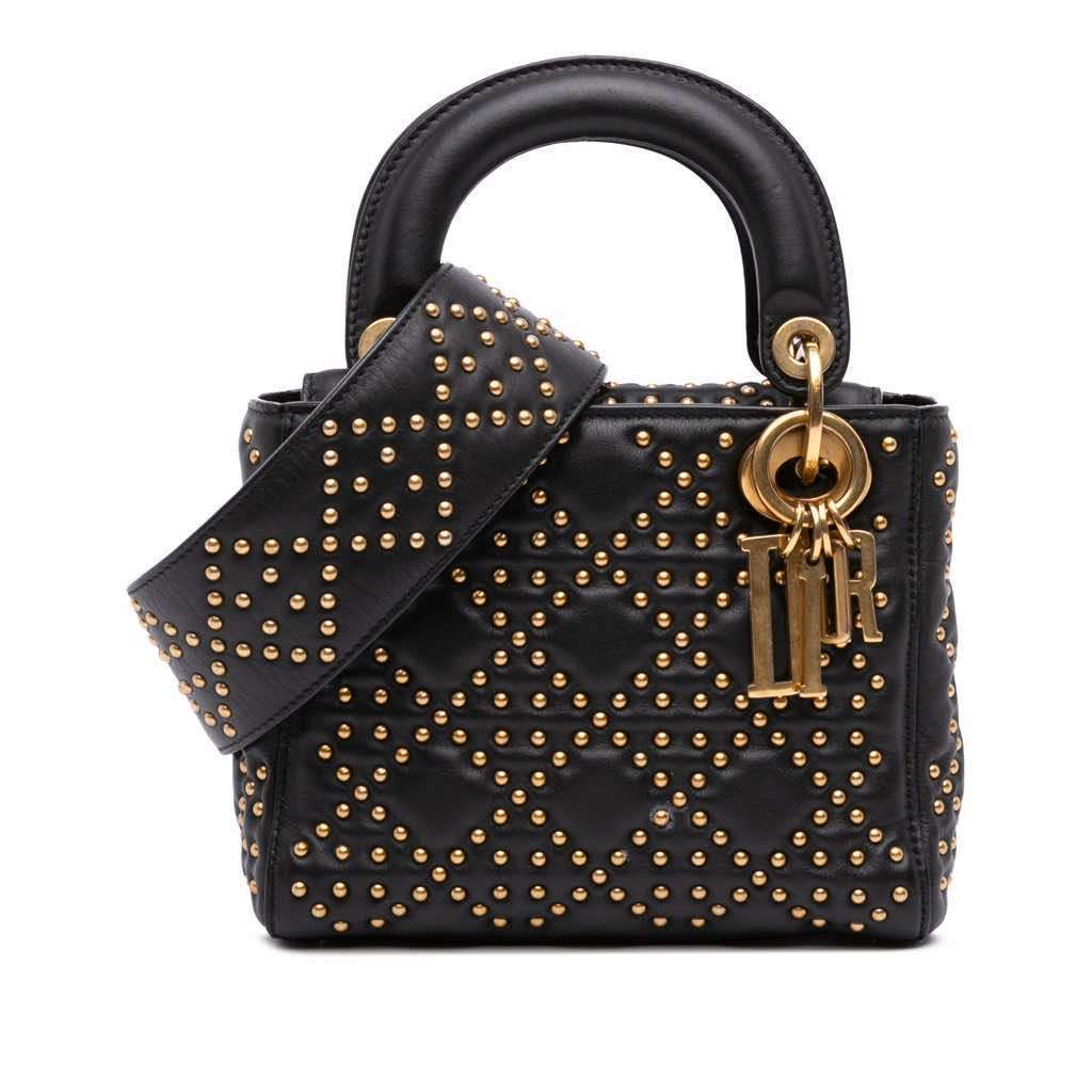 Dior Mini Lambskin Cannage Studded Supple Lady Dior Black Leather Very good condition - Front View