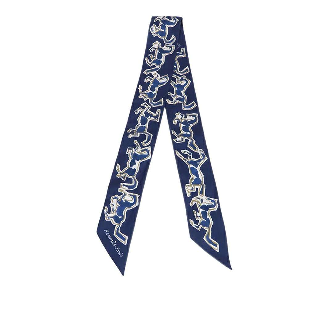 Hermès Chevaux En Liberte Silk Twilly Scarf Blue Silk Good condition - Front View