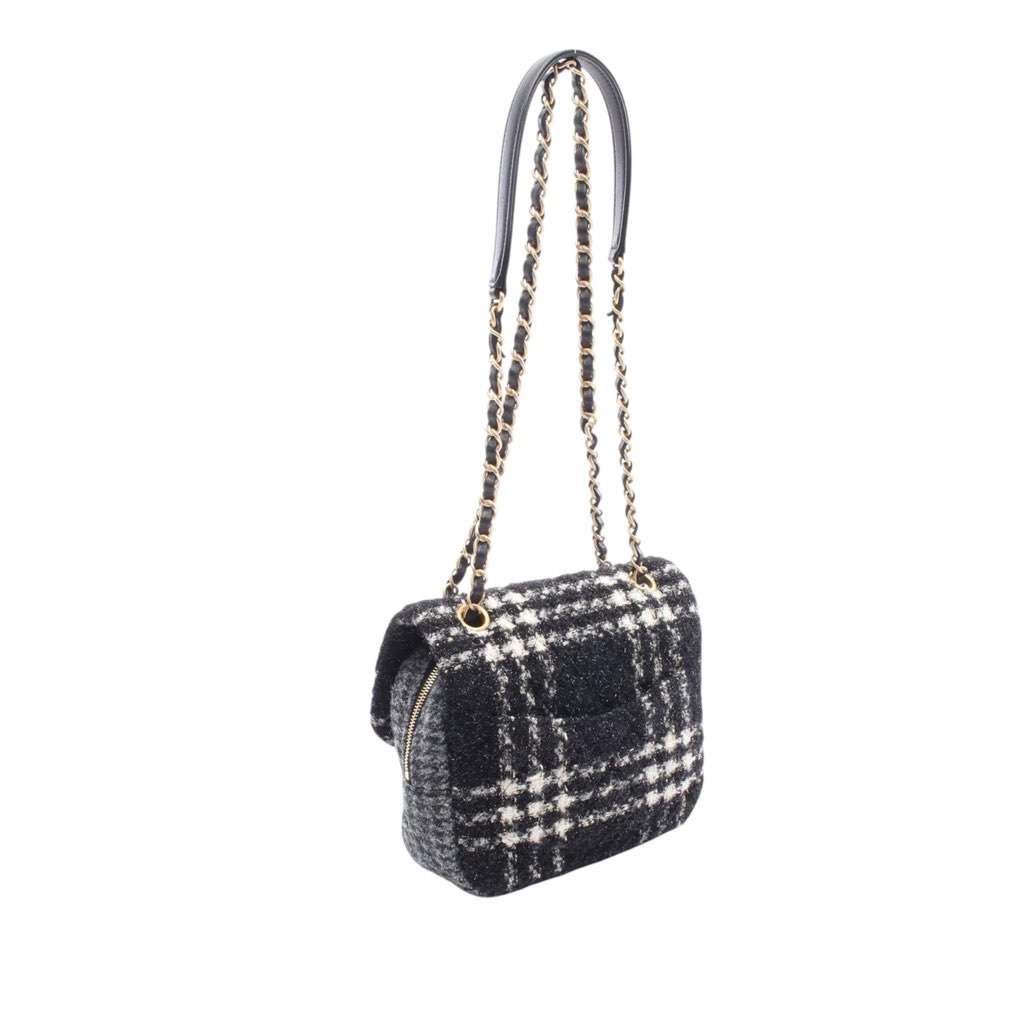 Chanel Small CC Wool Tweed Flap Black Wool Good - Back View