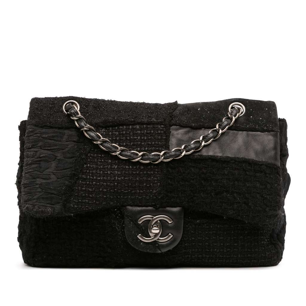 Chanel Jumbo Patchwork Tweed Flap Black Tweed Good - Front View