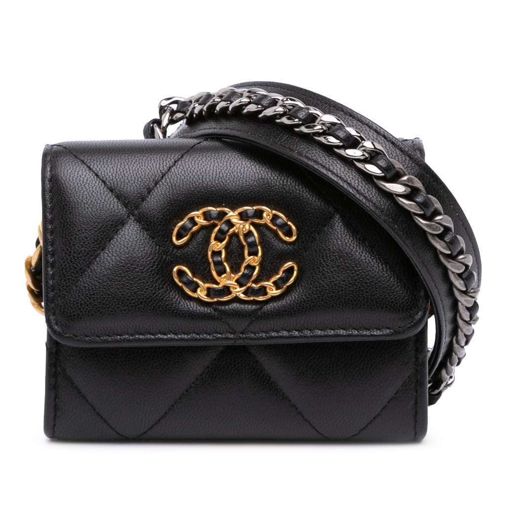 Chanel Lambskin 19 Flap Coin Purse With Chain Black Leather Very good - Front View