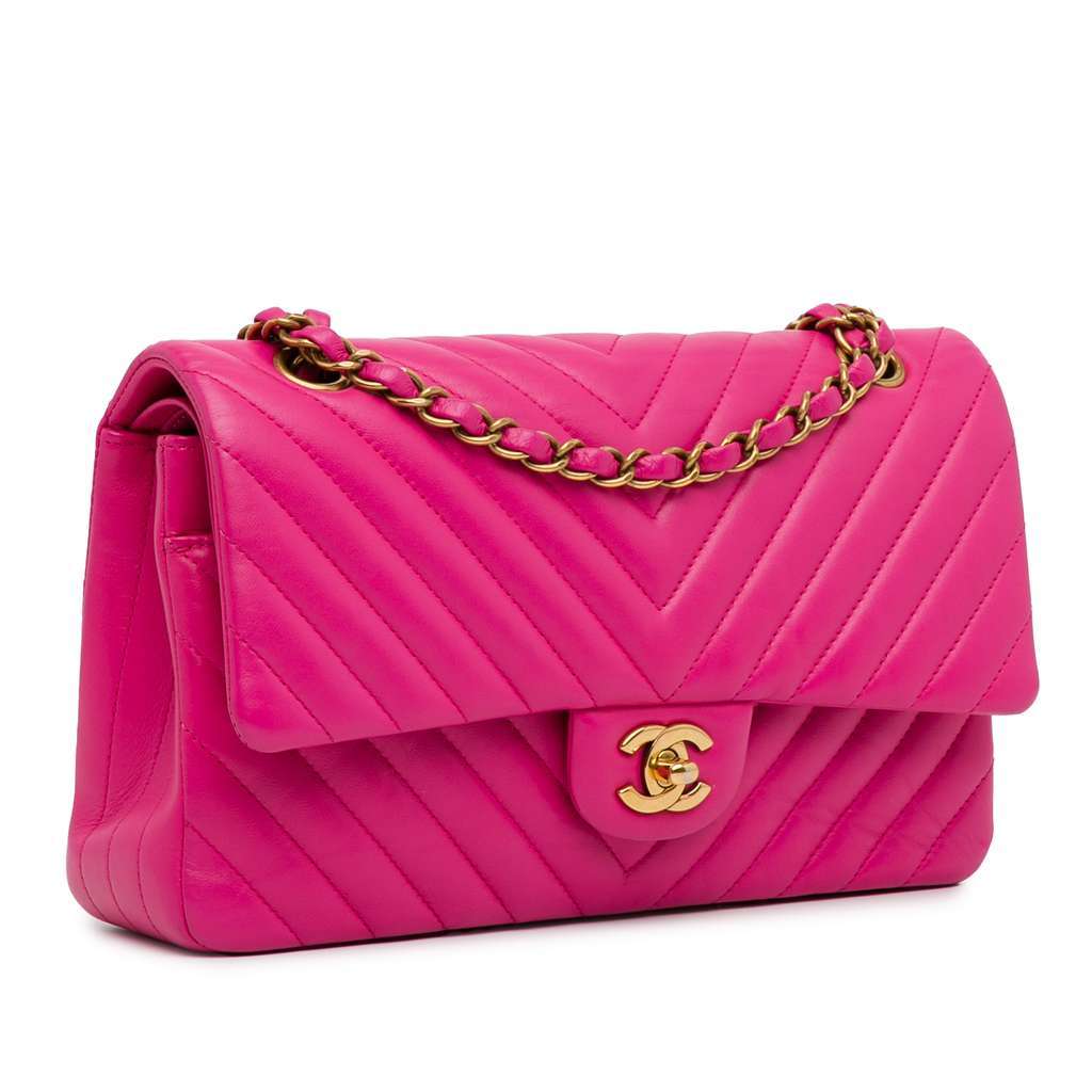 Chanel Medium Chevron Lambskin Double Flap Pink Leather Good - Back View