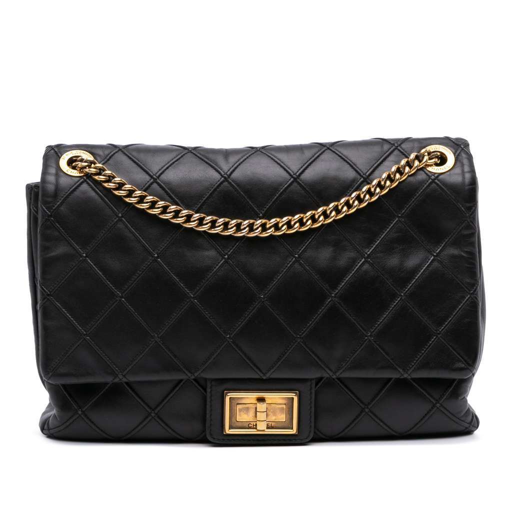 Chanel Large Reissue 2.55 Diamond Debossed Calfskin Cosmos Flap Black Leather Good - Front View