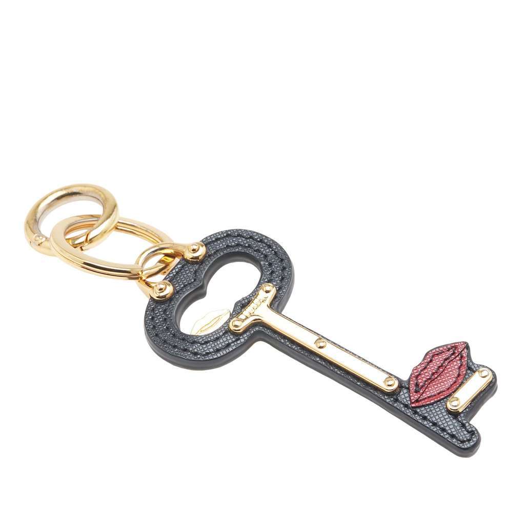 Prada Saffiano Lip Key Chain Black Leather Very good - Front View