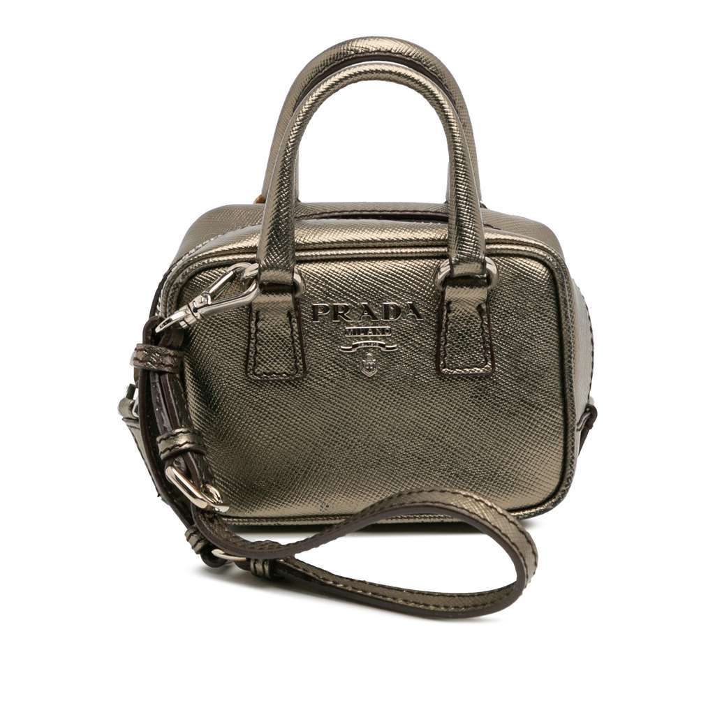 Prada Mini Metallic Saffiano Top Handle Bag Charm Grey Leather Very good - Front View