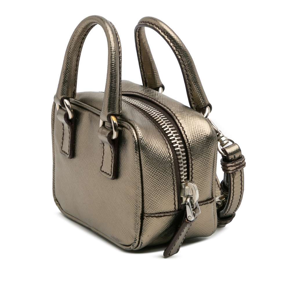 Prada Mini Metallic Saffiano Top Handle Bag Charm Grey Leather Very good - Back View
