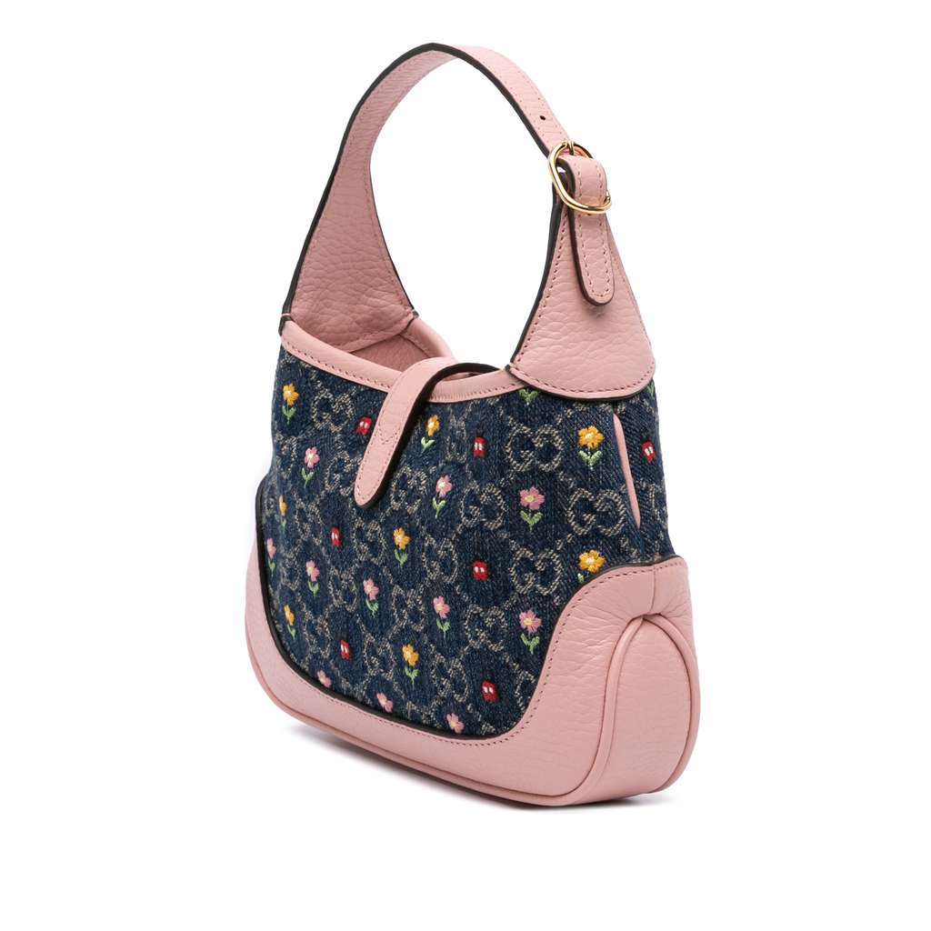 Gucci Limited Edition Mini GG Denim Embroidered Floral Jackie 1961 Crossbody Blue Denim Good - Back View