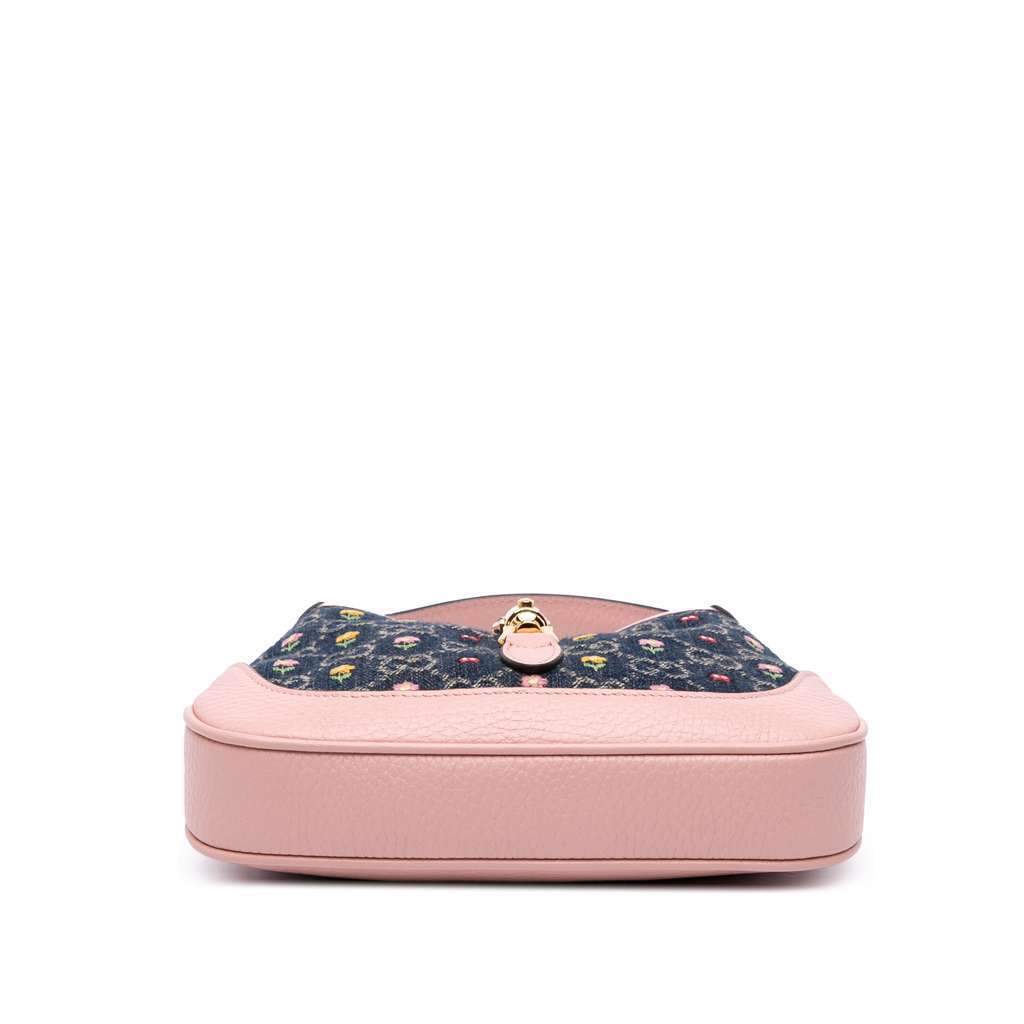 Gucci Limited Edition Mini GG Denim Embroidered Floral Jackie 1961 Crossbody Blue Denim Good - Inside View