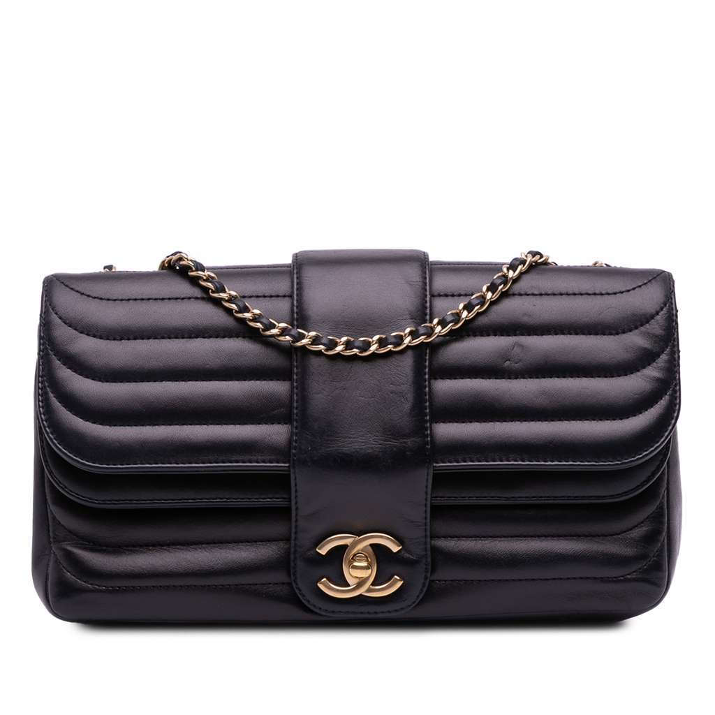 Chanel CC Horizontal Quilted Lambskin Double Flap Black Leather Fair - Front View