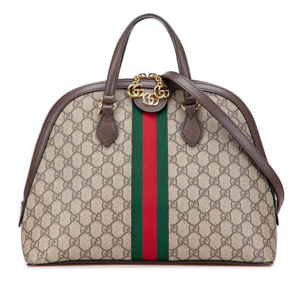 Gucci Medium GG Supreme Ophidia Web Satchel Brown Canvas Good - Front View