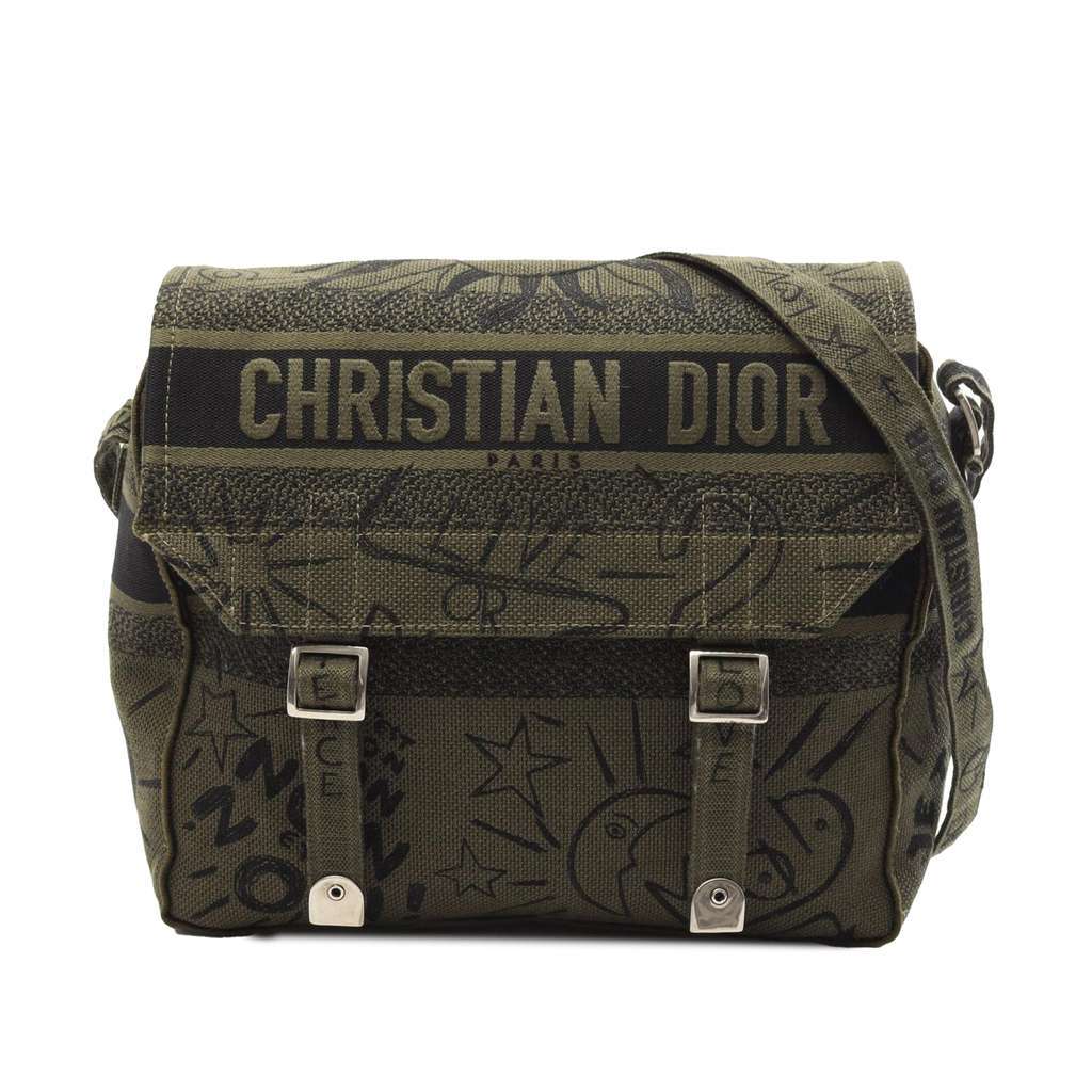 Dior Large Embroidered Canvas Graffiti Diorcamp Messenger Bag Green Canvas Good condition - Front View
