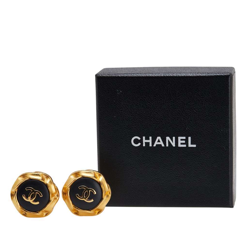 Chanel Gold Plated and Acrylic CC Hexagon Clip On Earrings Gold Metal Good - Model View