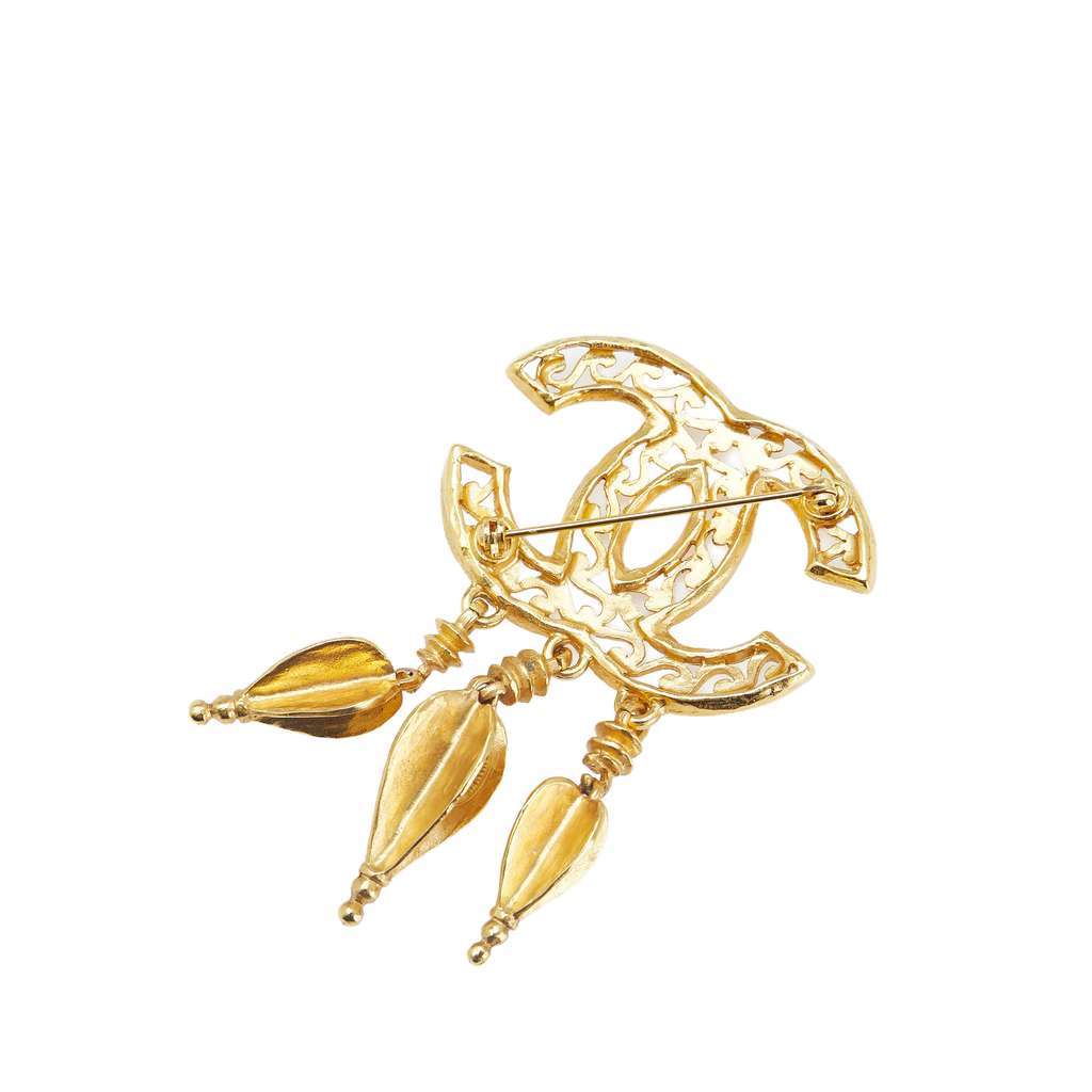 Chanel CC Gold Plated Fretwork Fringe Brooch Gold Metal Good - Back View