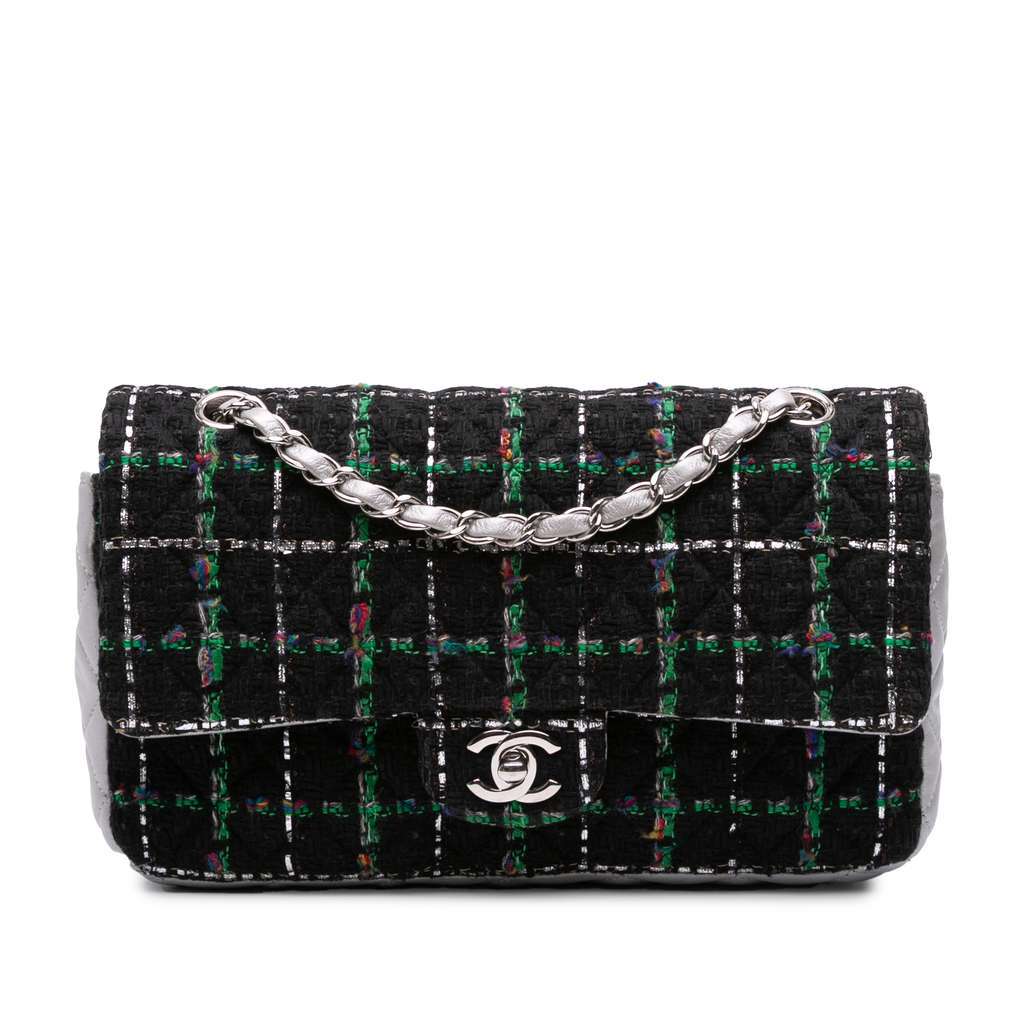 Chanel Medium Classic Quilted Tweed and Metallic Lambskin Double Flap Black Tweed Good - Front View