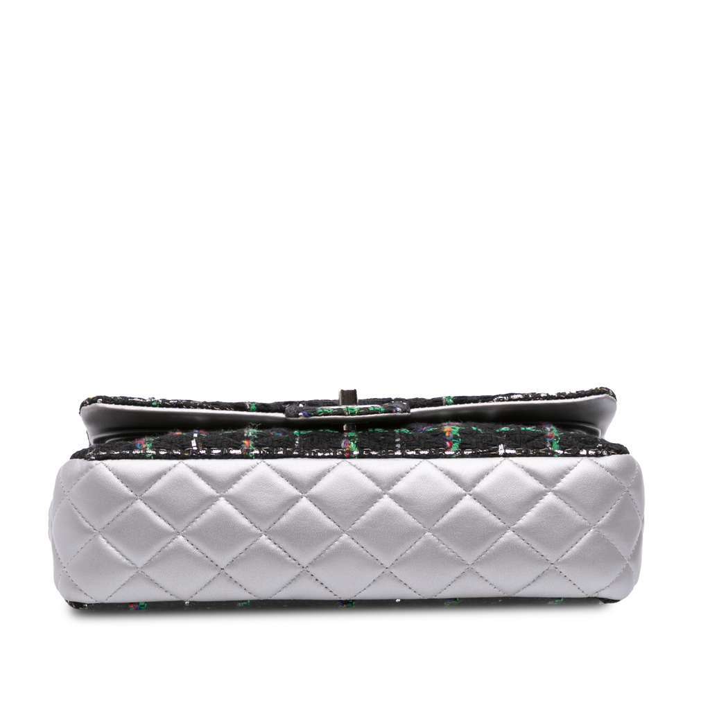 Chanel Medium Classic Quilted Tweed and Metallic Lambskin Double Flap Black Tweed Good - Inside View