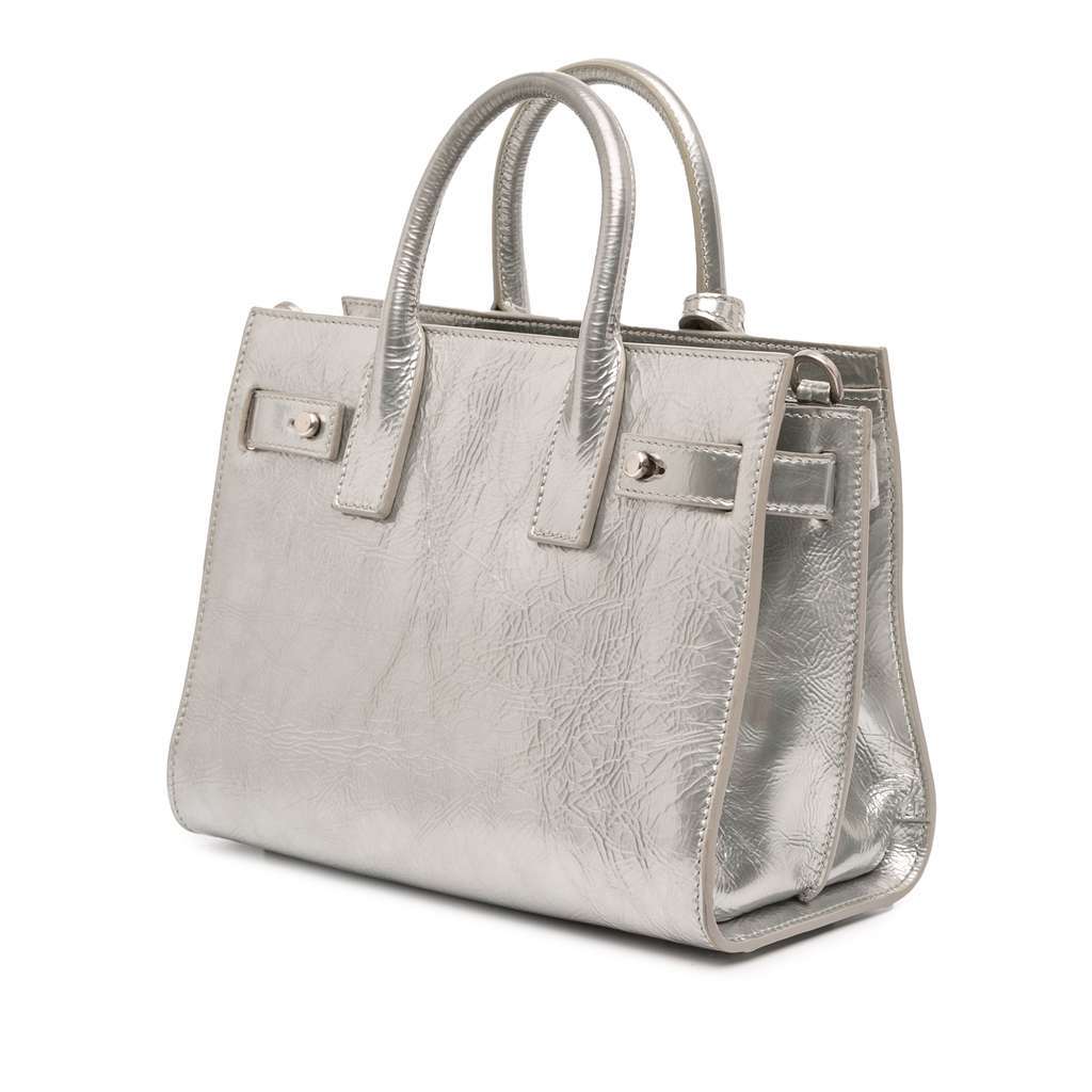 Saint Laurent Nano Metallic Crinkled Calfskin Supple Sac De Jour Satchel Silver Leather Good - Back View
