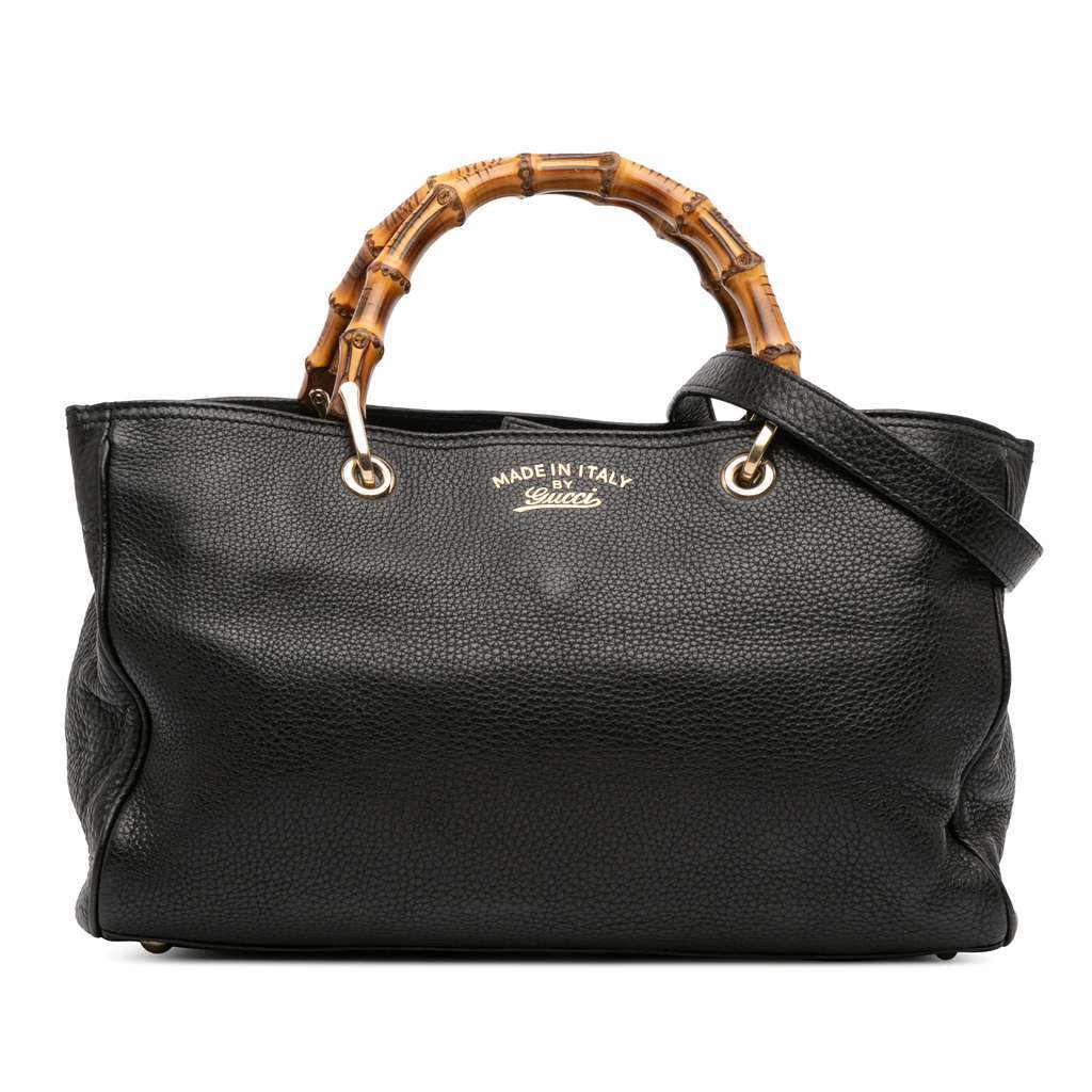 Gucci Medium Calfskin Bamboo Shopper Satchel Black Leather Good - Front View