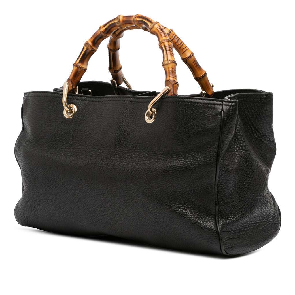Gucci Medium Calfskin Bamboo Shopper Satchel Black Leather Good - Back View