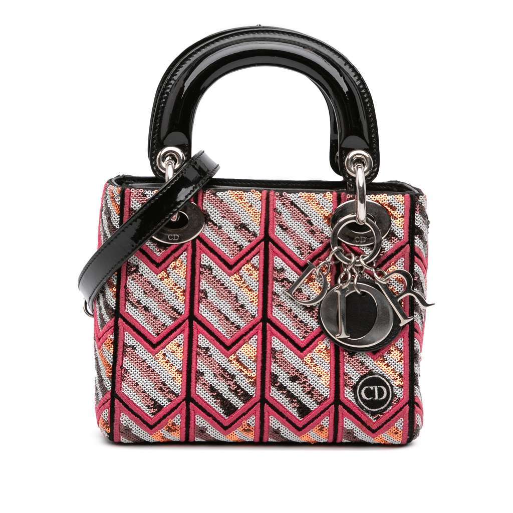 Dior Mini Patent Sequined Lady Dior Pink Leather Very good - Front View