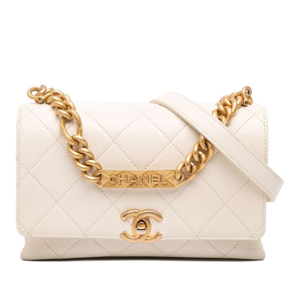 Chanel Mini Quilted Caviar Bracelet On Chain Flap White Leather Fair condition - Front View