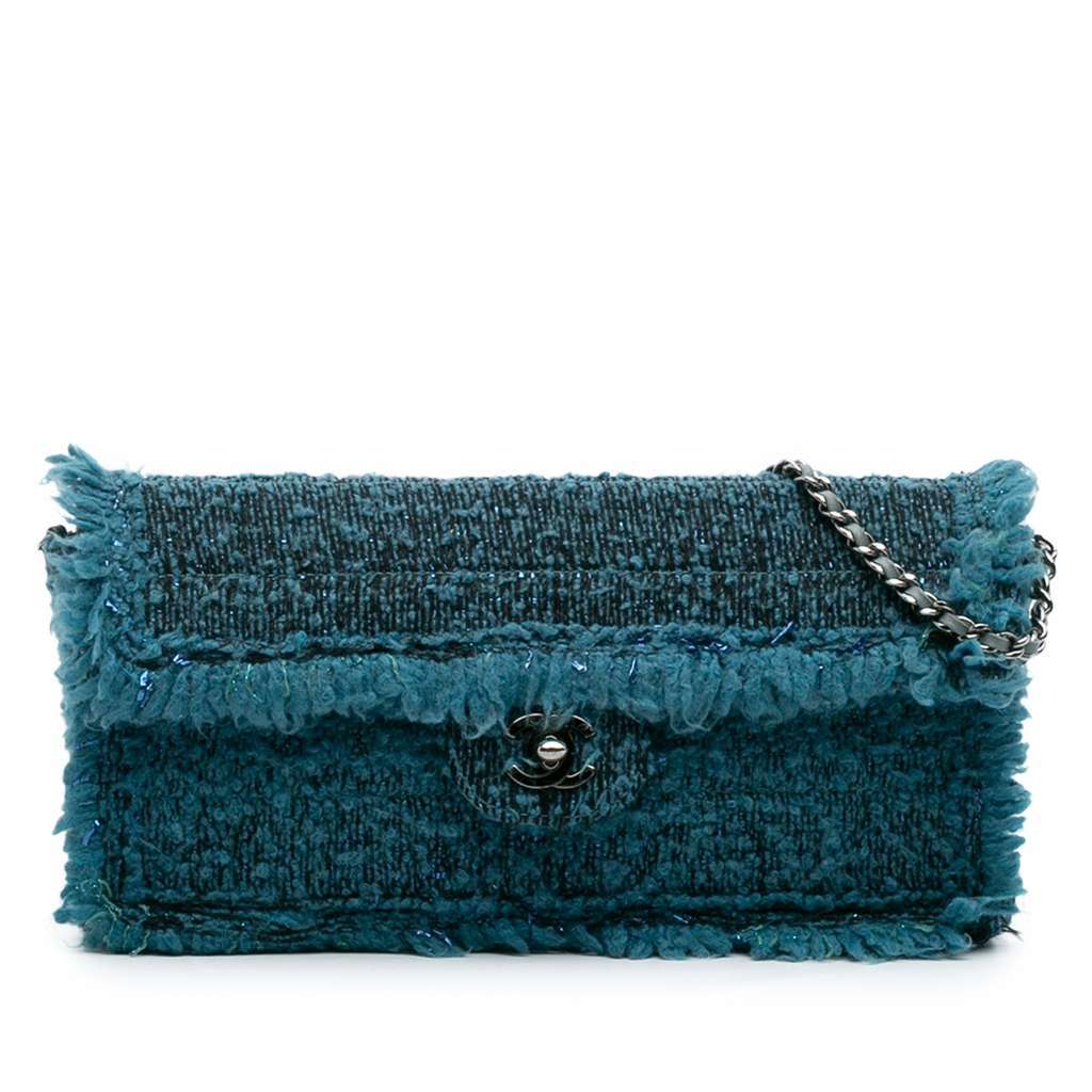Chanel CC Tweed East West Flap Blue Tweed Good - Front View