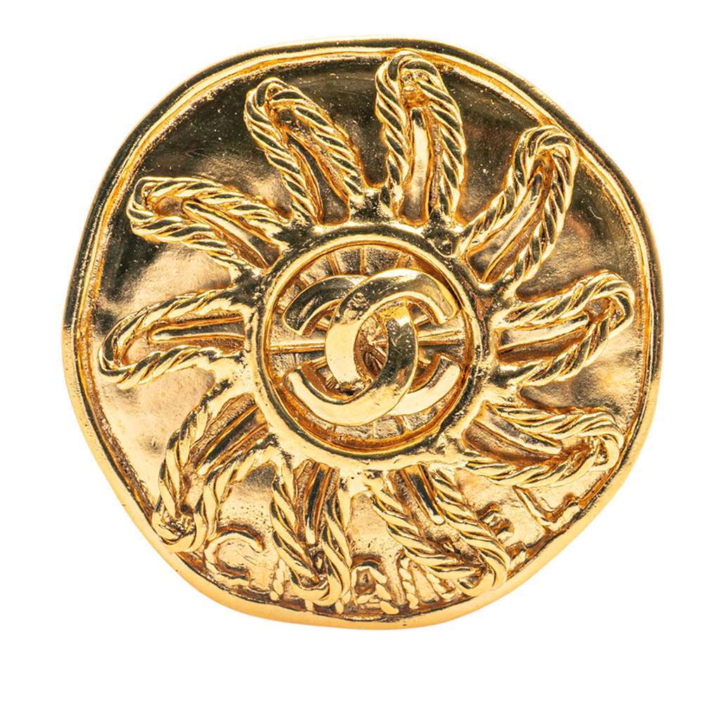 Chanel CC Gold Plated Sunburst Brooch Gold Metal Good - Front View