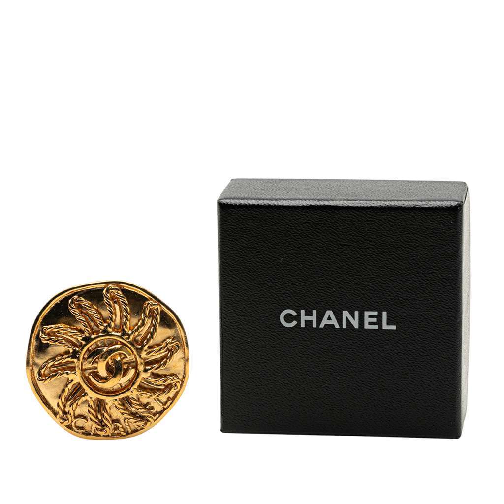 Chanel CC Gold Plated Sunburst Brooch Gold Metal Good - Model View
