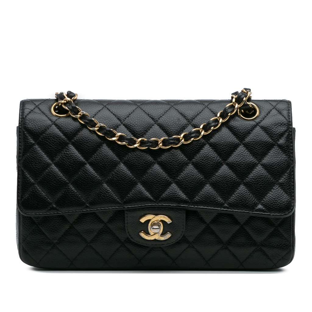 Chanel Medium Classic Caviar Double Flap Black Leather Good - Front View
