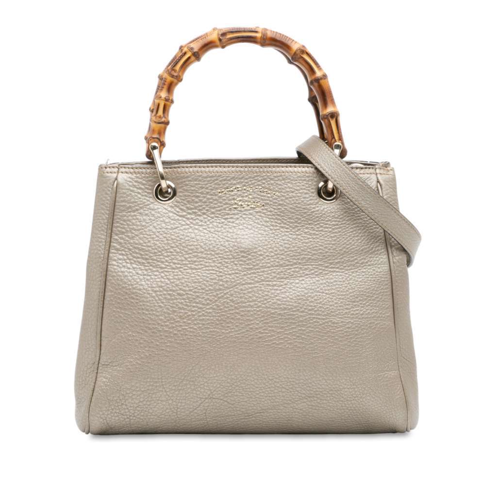 Gucci Small Calfskin Bamboo Shopper Satchel Gold Leather Good - Front View