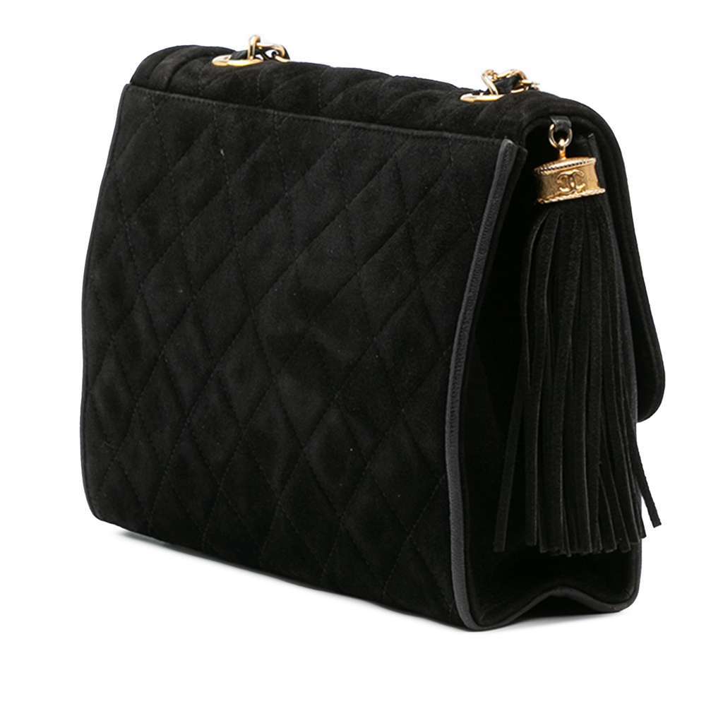 Chanel Quilted Suede Tassel Flap Black Leather Very good - Back View