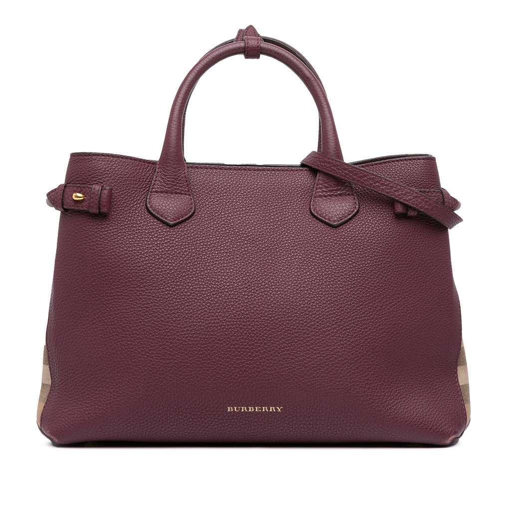 Burberry Medium Leather and House Check Banner Satchel Purple Leather Good - Front View