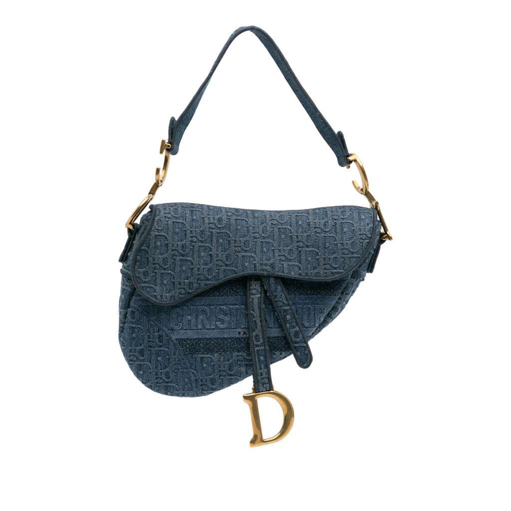 Dior Oblique Denim Embroidered Saddle Bag Blue Denim Good - Front View
