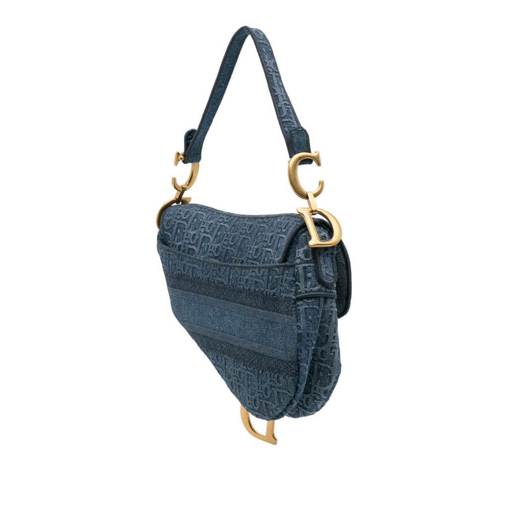 Dior Oblique Denim Embroidered Saddle Bag Blue Denim Good - Back View