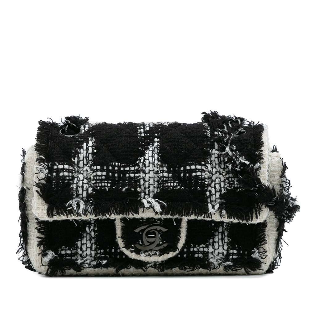 Chanel Mini Rectangular Classic Tweed Tartan Single Flap Black Tweed Good - Front View