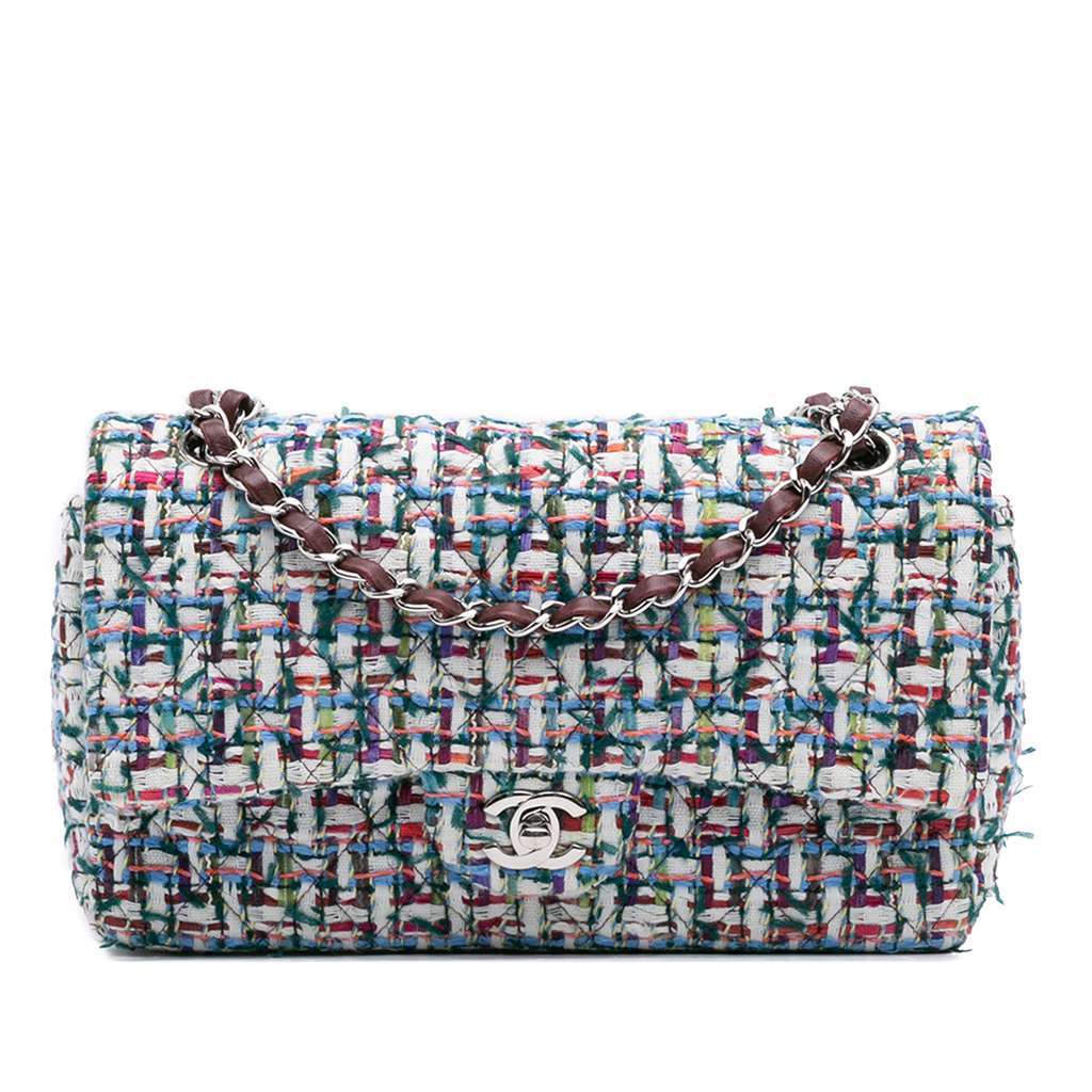 Chanel Medium Classic Tweed Double Flap White Tweed Good - Front View