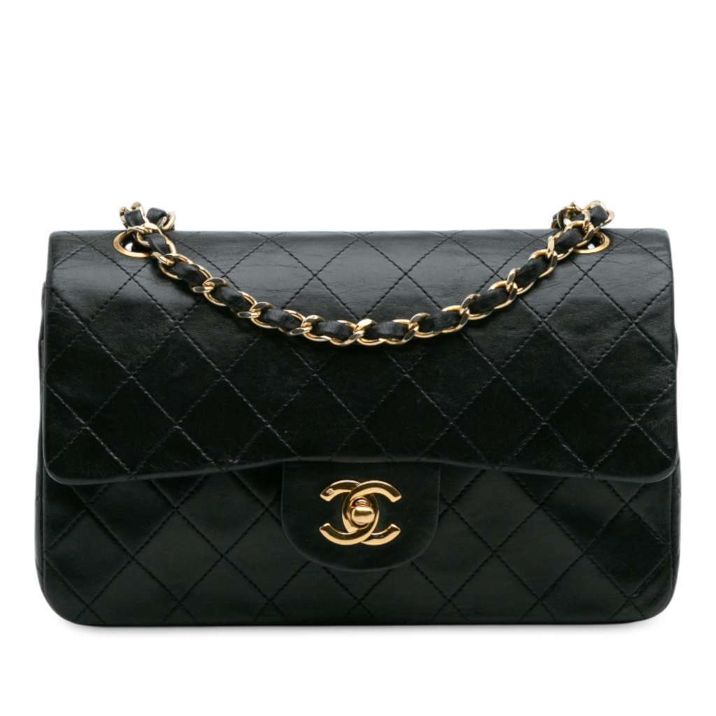 Chanel Small Classic Lambskin Double Flap Black Leather Good - Front View