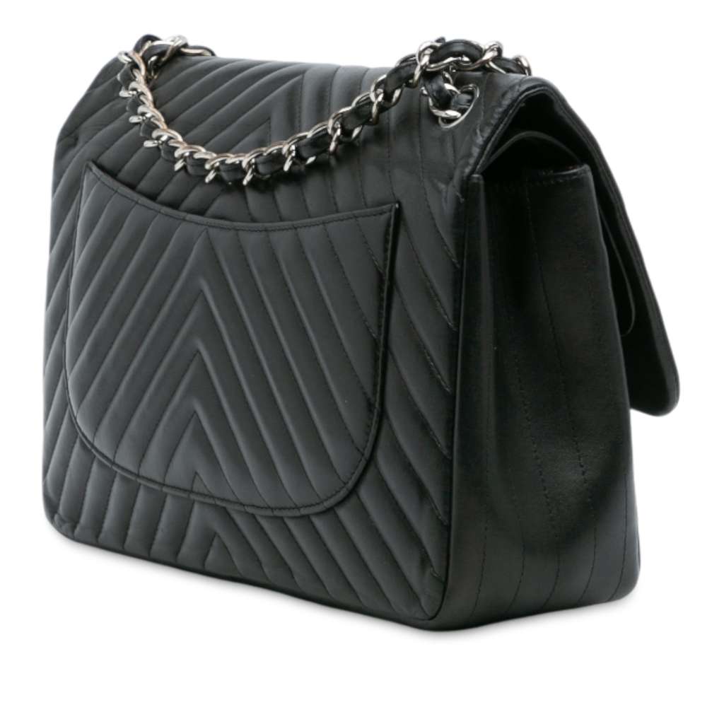 Chanel Jumbo Classic Chevron Lambskin Double Flap Black Leather Good condition - Back View