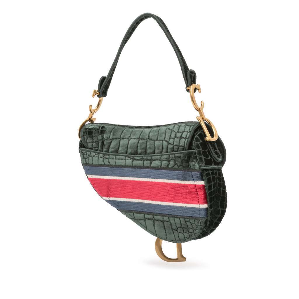 Dior Velvet Embroidered Crocodile Effect Saddle Bag Green Velvet Very good - Back View