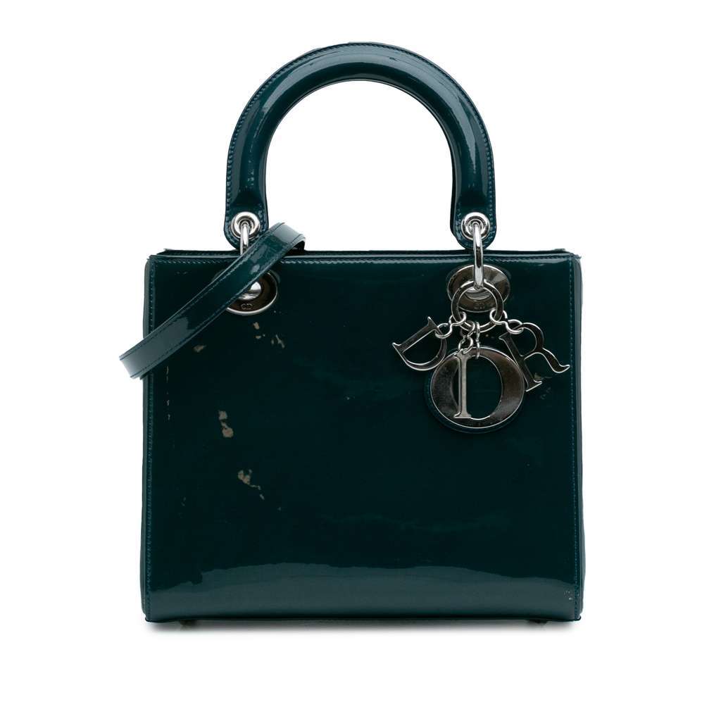 Dior Medium Patent Lady Dior Green Leather Good - Front View