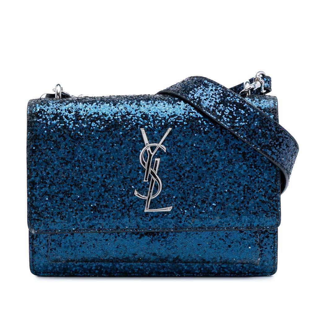 Saint Laurent Small Glittered Leather Monogram Sunset Crossbody Blue Leather Very good - Front View