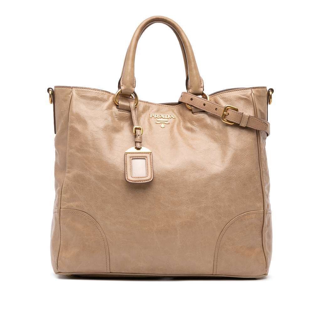 Prada Vitello Shine Satchel Brown Leather Good - Front View