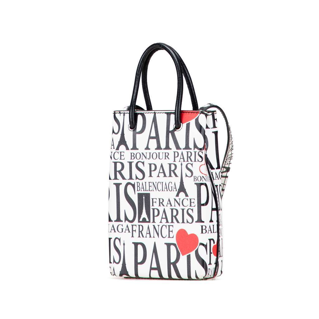 Balenciaga Mini Calfskin Bonjour Paris Shopping Phone Holder White Leather Very good - Back View