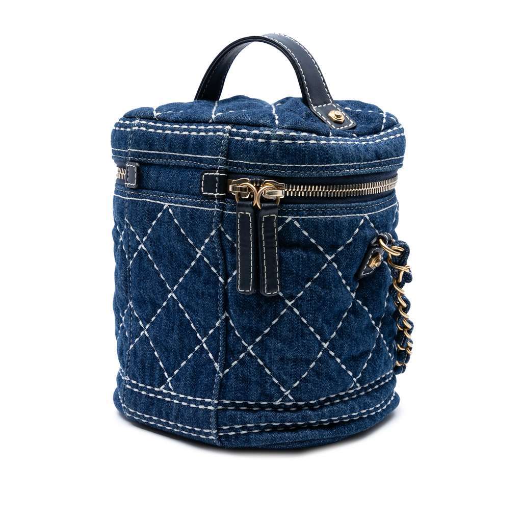 Chanel CC Quilted Denim Trip Vanity Case with Chain Blue Denim Very good - Back View