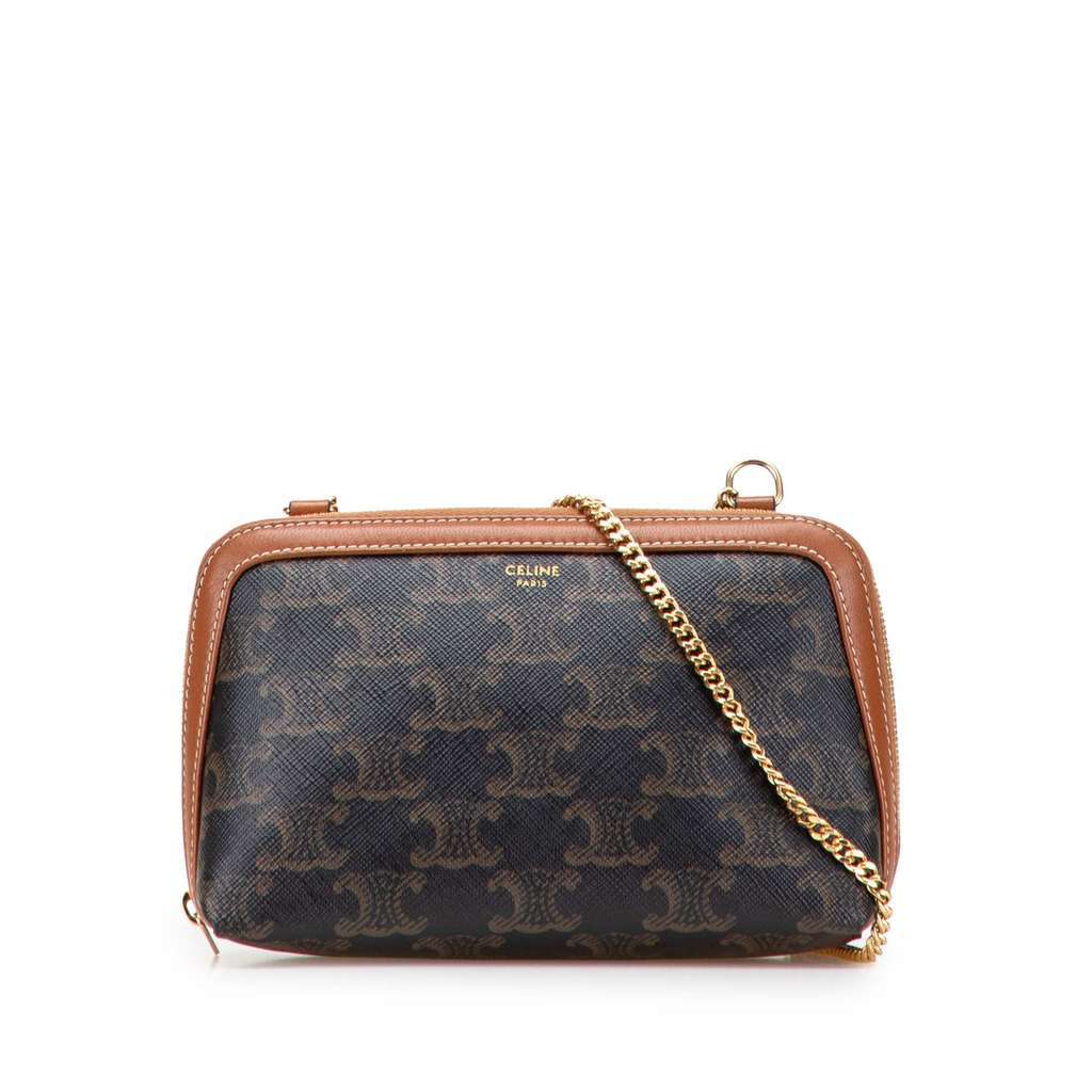 Celine Triomphe Coated Canvas Clutch On Chain Brown Canvas Very good condition - Front View