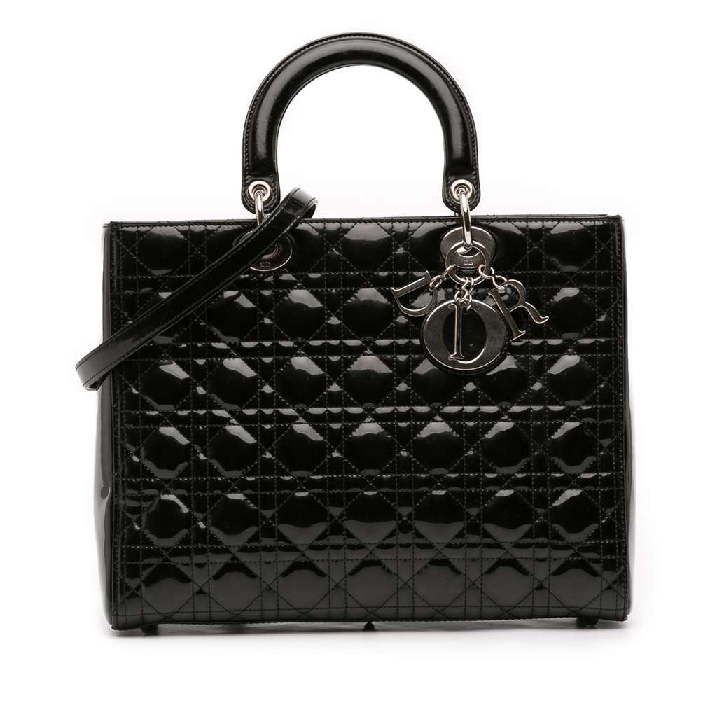 Dior Large Patent Cannage Lady Dior Black Leather Good - Front View