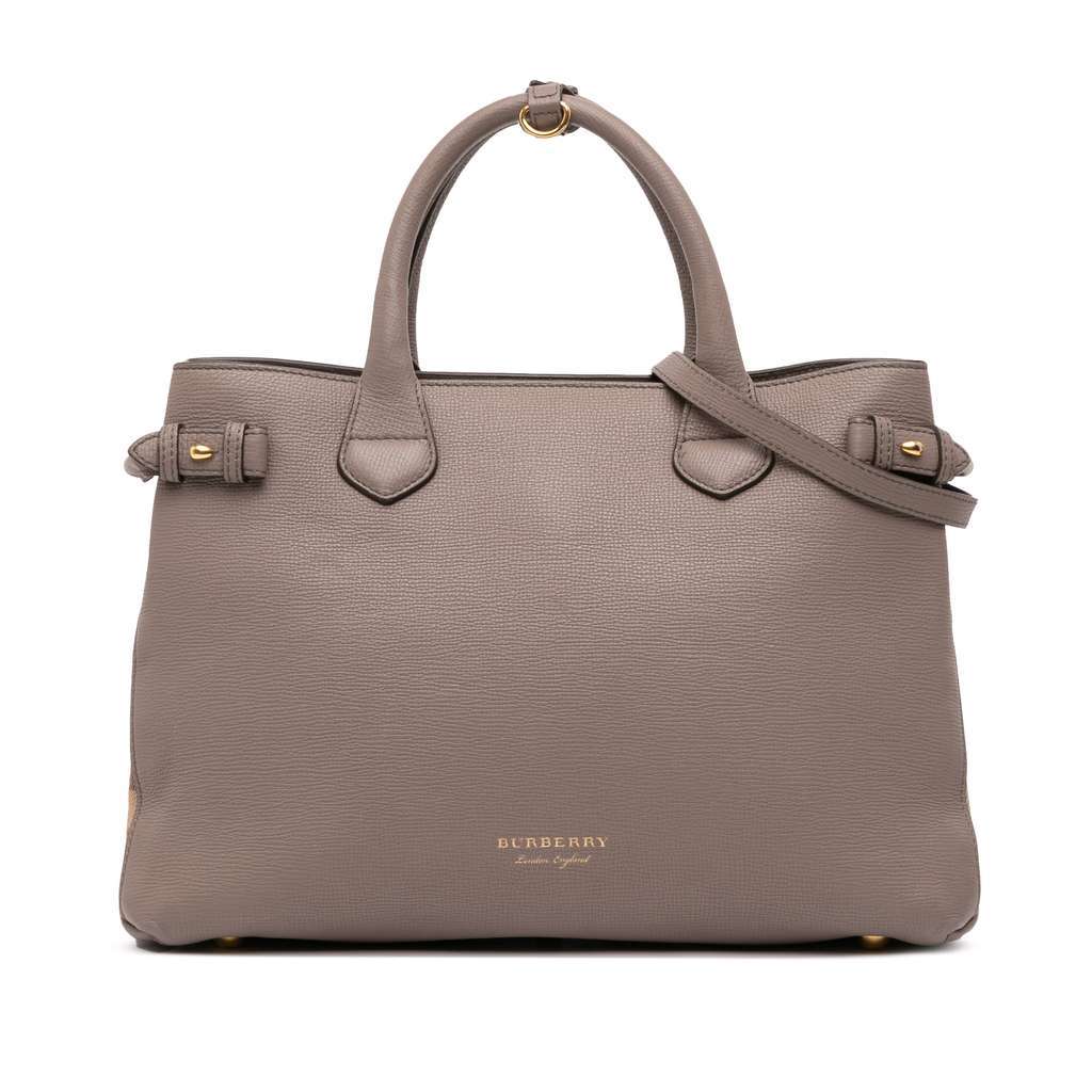 Burberry Medium Leather and House Check Banner Satchel Brown Leather Fair - Front View
