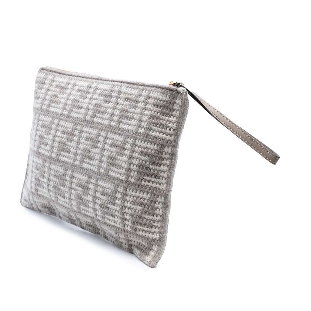 Fendi Large Woven Fabric and Calfskin FF Flat Pouch Grey Wool Very good - Back View