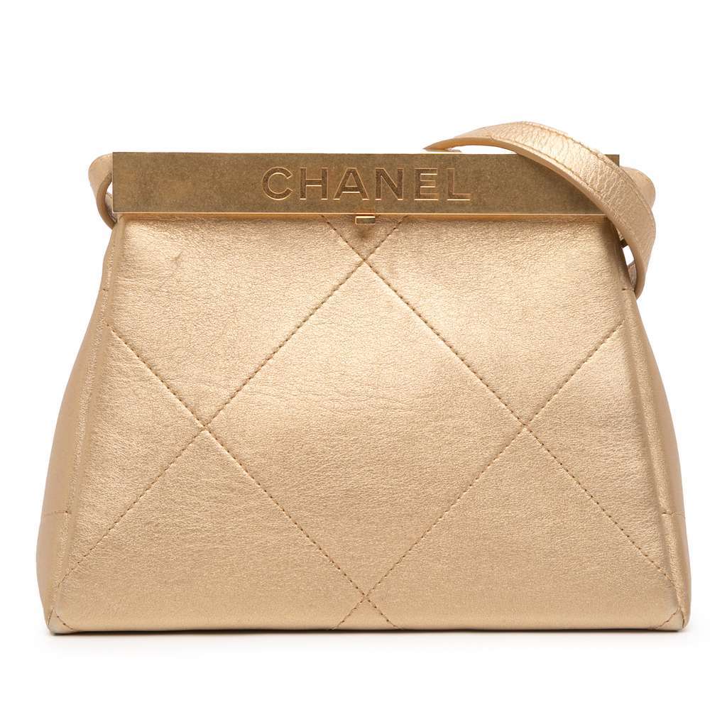 Chanel Small Calfskin Kiss Lock Frame Bag Gold Leather Good - Front View
