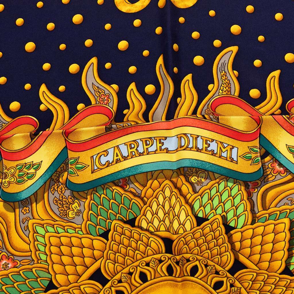 Hermès Carpe Diem Silk Scarf 90 Blue Silk Good condition - Box View